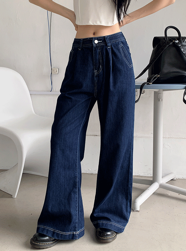Raw stitch wide jeans